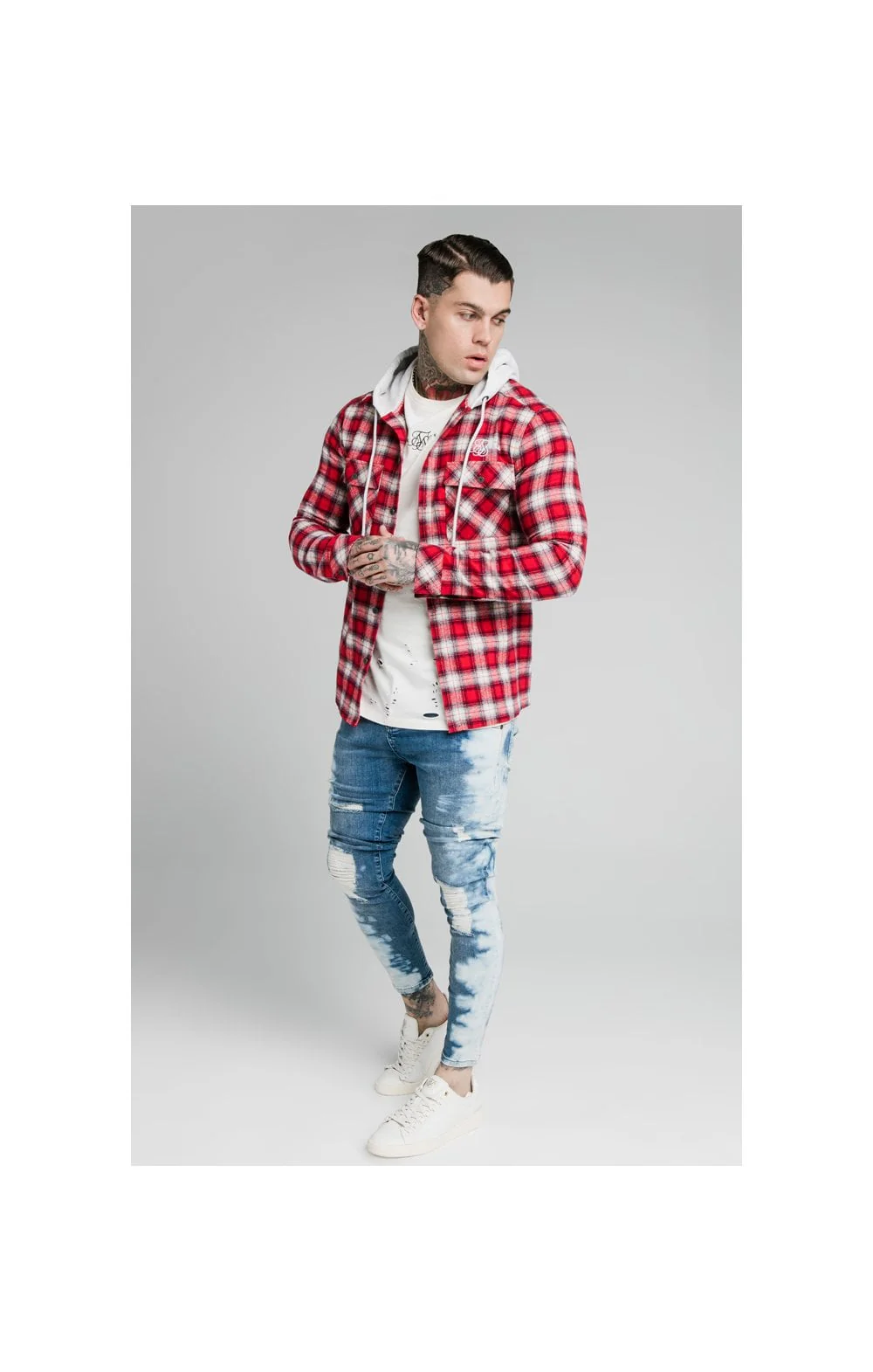 SikSilk L/S Hooded Flannel Shirt Jacket - Red & Off White - Image 6