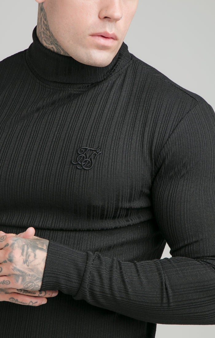 SikSilk L/S New Rib Knit Polo Neck - Black - Image 2