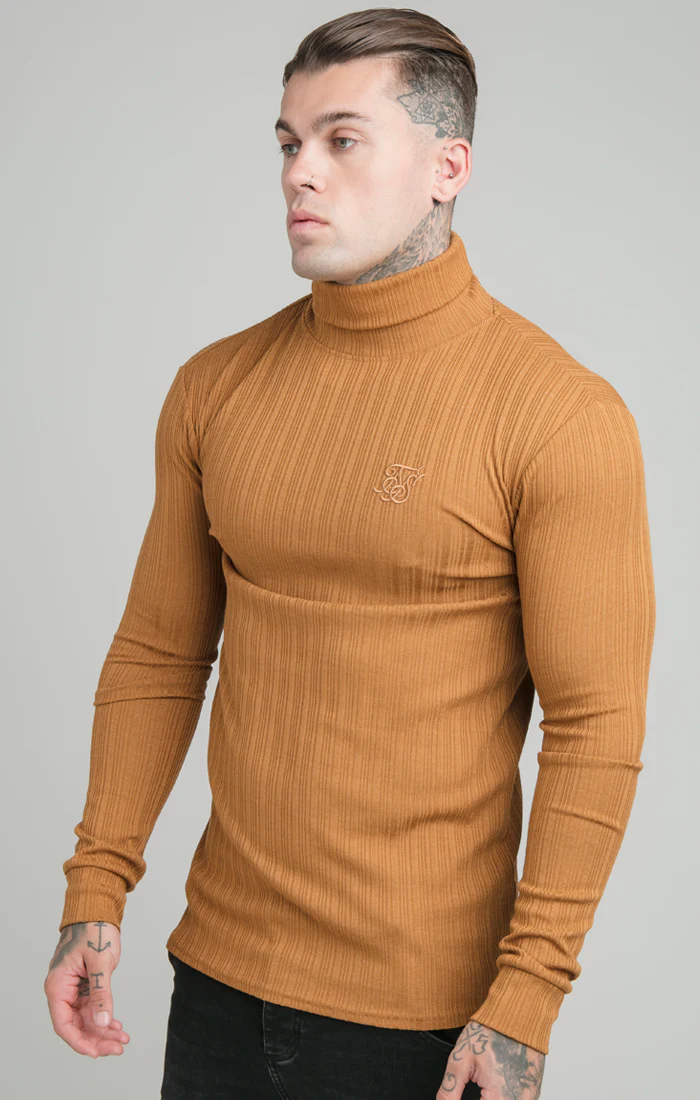 SikSilk L/S New Rib Knit Polo Neck - Tan