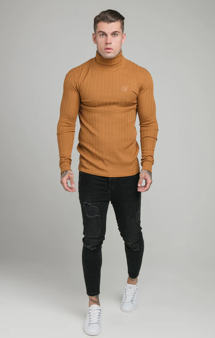 SikSilk L/S New Rib Knit Polo Neck - Tan - Image 3