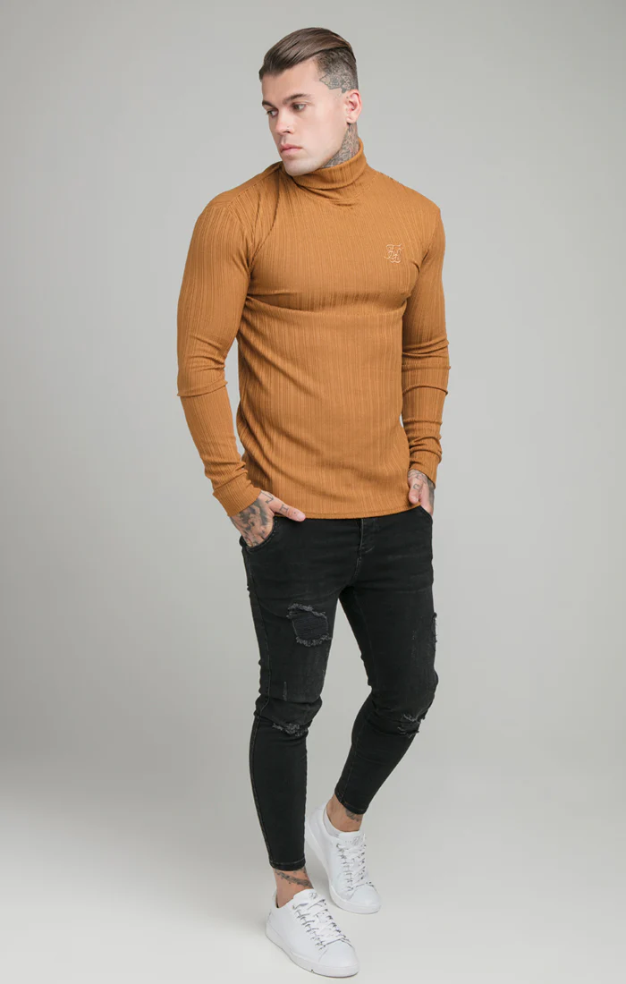 SikSilk L/S New Rib Knit Polo Neck - Tan - Image 4