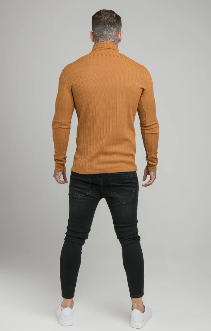 SikSilk L/S New Rib Knit Polo Neck - Tan - Image 5