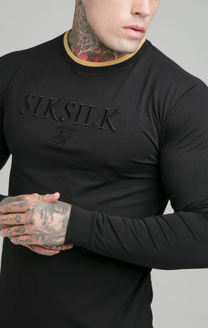 Black Long Sleeve Rib Collar Muscle Fit T-Shirt - Image 2
