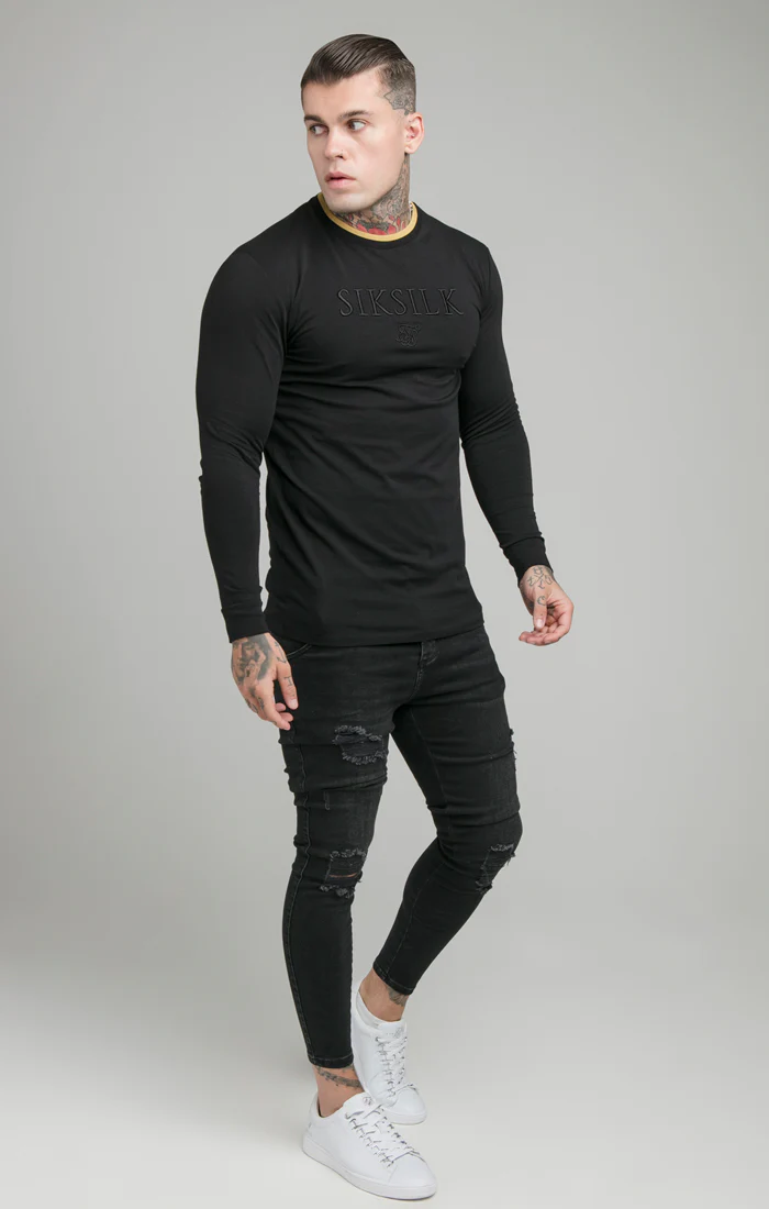 Black Long Sleeve Rib Collar Muscle Fit T-Shirt - Image 3