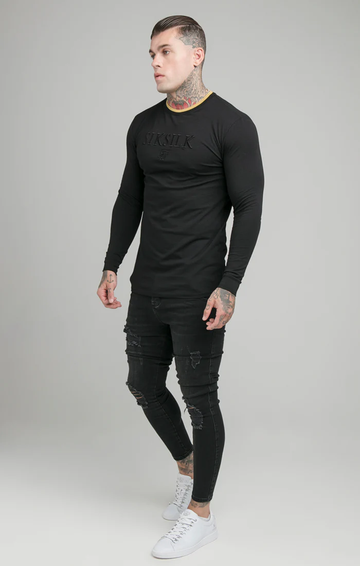 Black Long Sleeve Rib Collar Muscle Fit T-Shirt - Image 4
