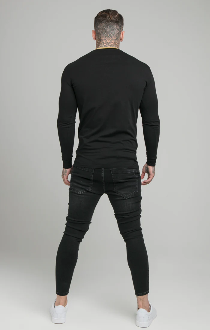 Black Long Sleeve Rib Collar Muscle Fit T-Shirt - Image 5
