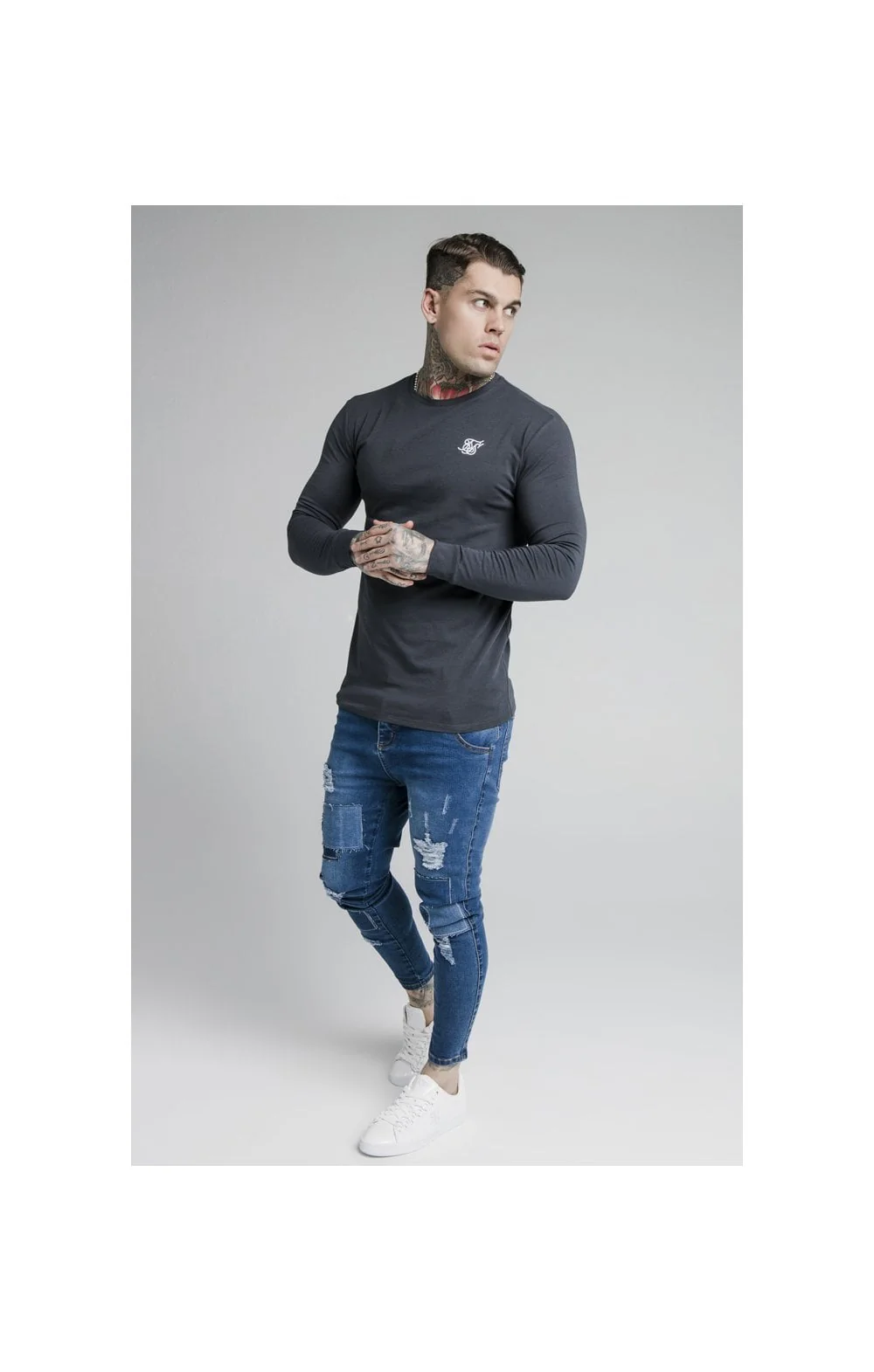 Navy Essential Long Sleeve Muscle Fit T-Shirt - Image 4