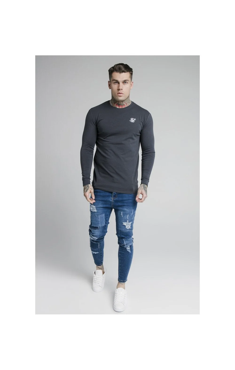 Navy Essential Long Sleeve Muscle Fit T-Shirt - Image 5