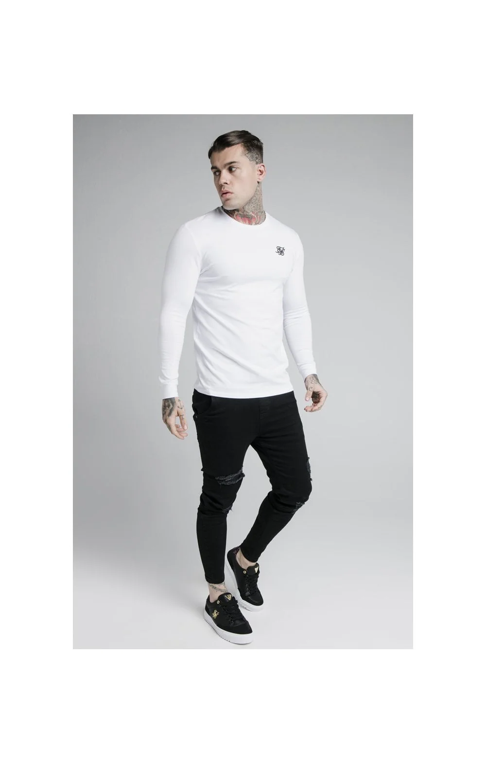 White Long Sleeve Straight Hem Muscle Fit T-Shirt - Image 3