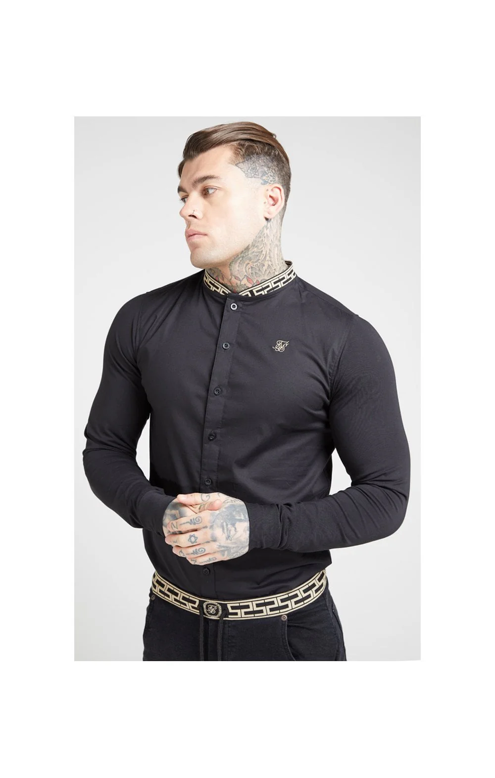 SikSilk L/S Tape Collar Shirt - Black & Gold