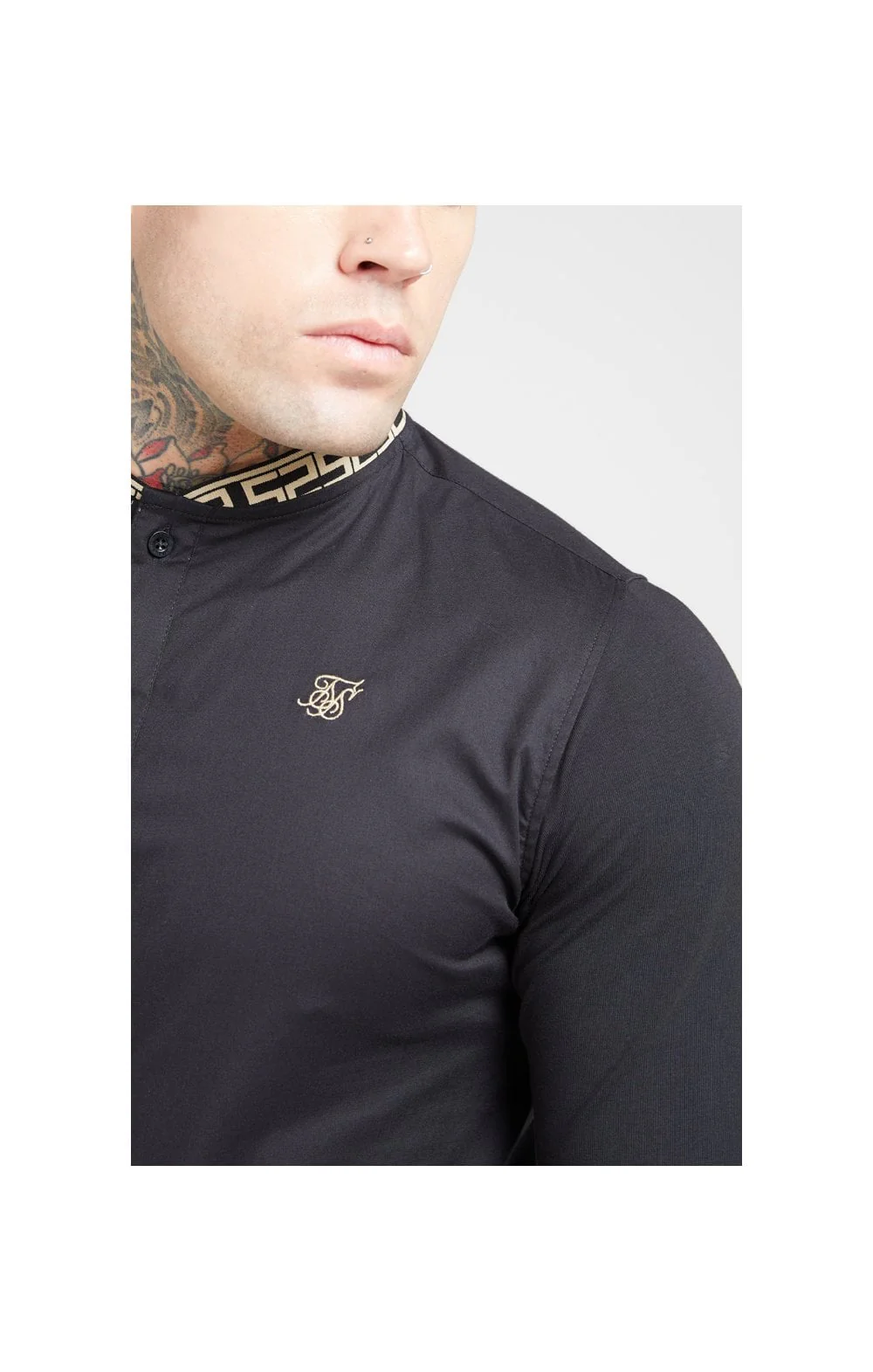 SikSilk L/S Tape Collar Shirt - Black & Gold - Image 2