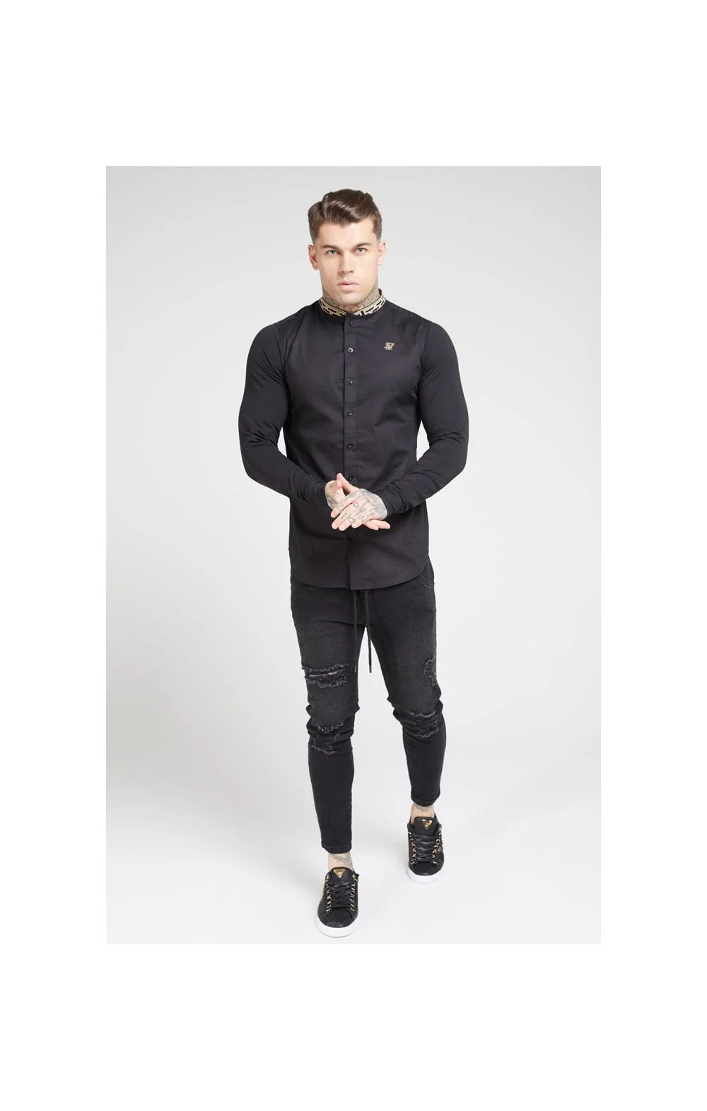 SikSilk L/S Tape Collar Shirt - Black & Gold - Image 3