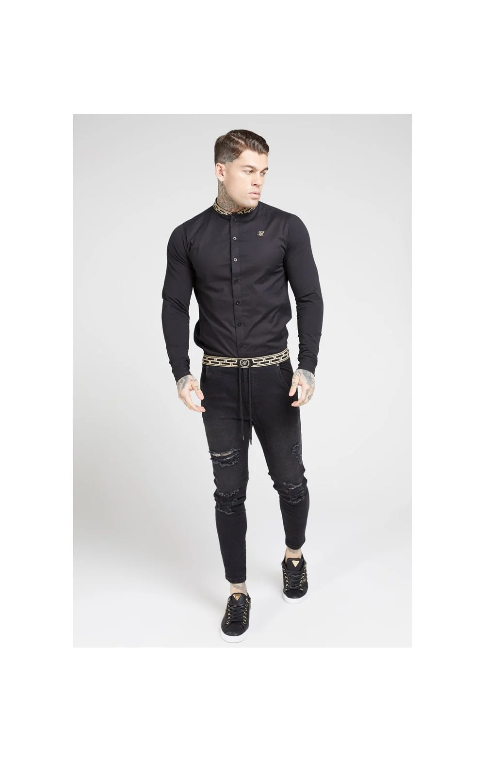 SikSilk L/S Tape Collar Shirt - Black & Gold - Image 4
