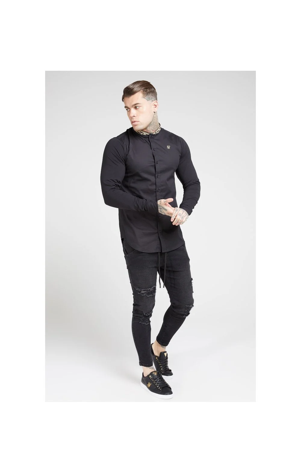 SikSilk L/S Tape Collar Shirt - Black & Gold - Image 5