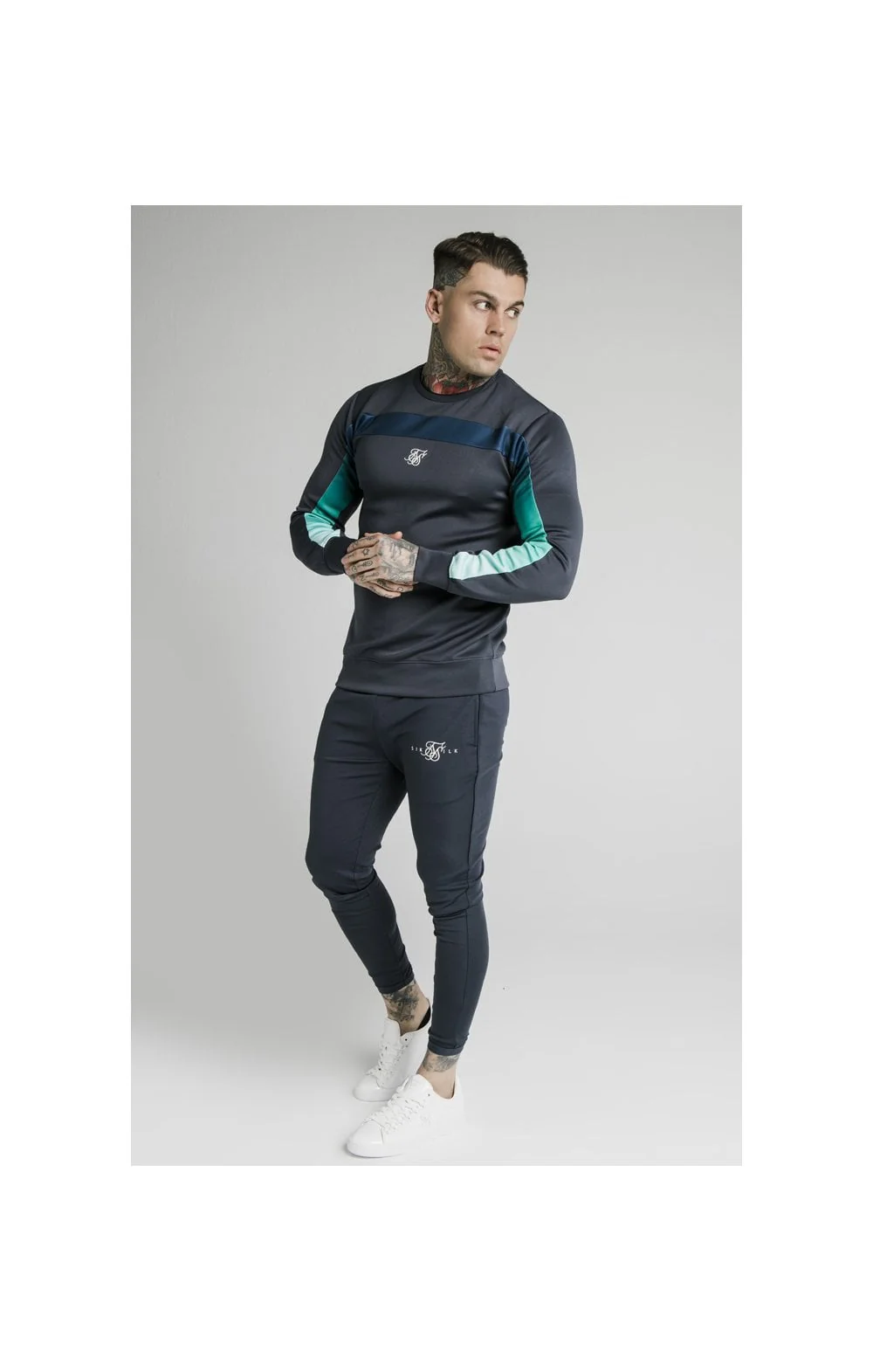 SikSilk L/S Tri-Fade Panel Sweater - Navy Pacific Fade