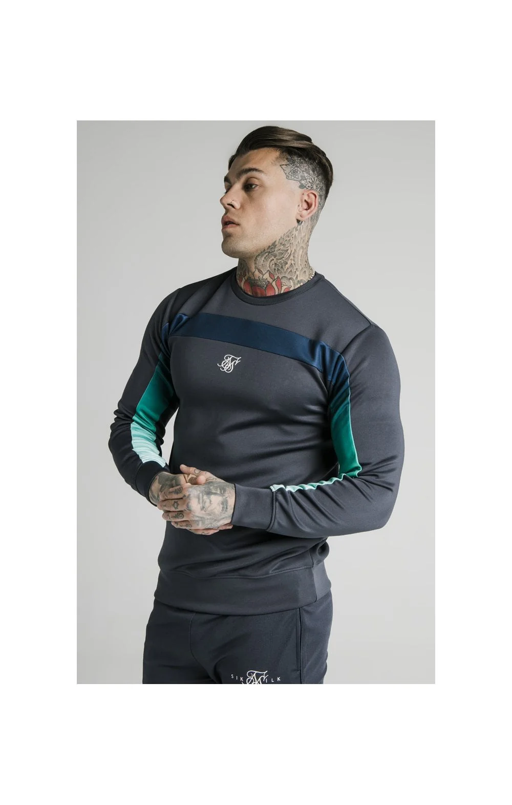 SikSilk L/S Tri-Fade Panel Sweater - Navy Pacific Fade - Image 2