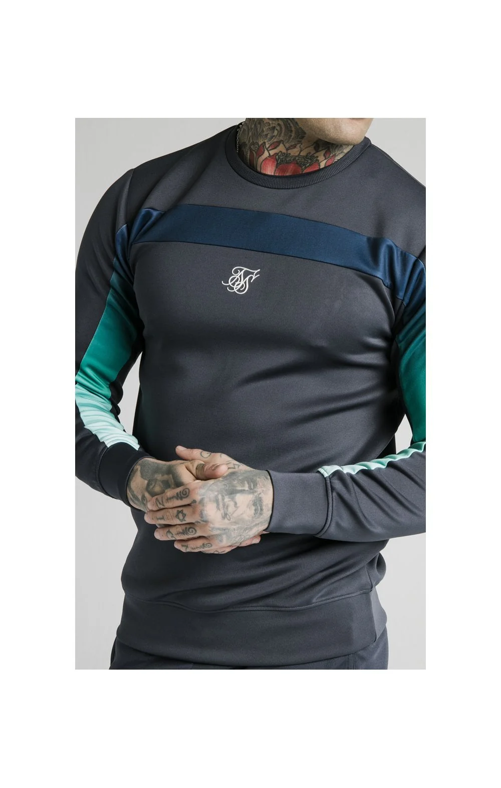 SikSilk L/S Tri-Fade Panel Sweater - Navy Pacific Fade - Image 3