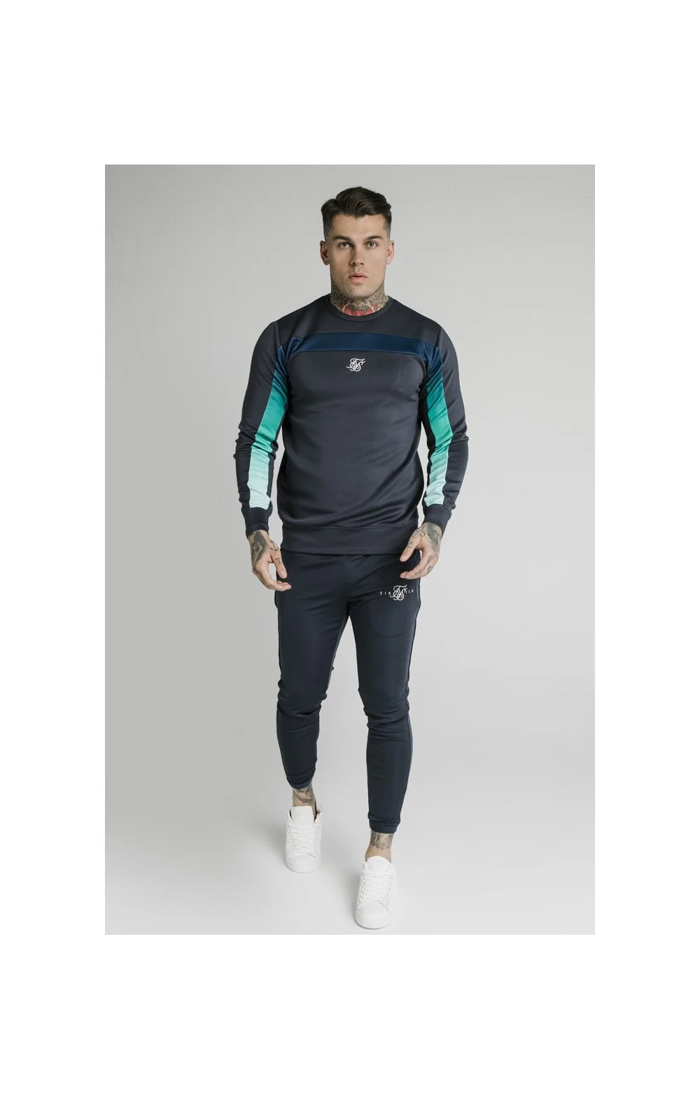 SikSilk L/S Tri-Fade Panel Sweater - Navy Pacific Fade - Image 4
