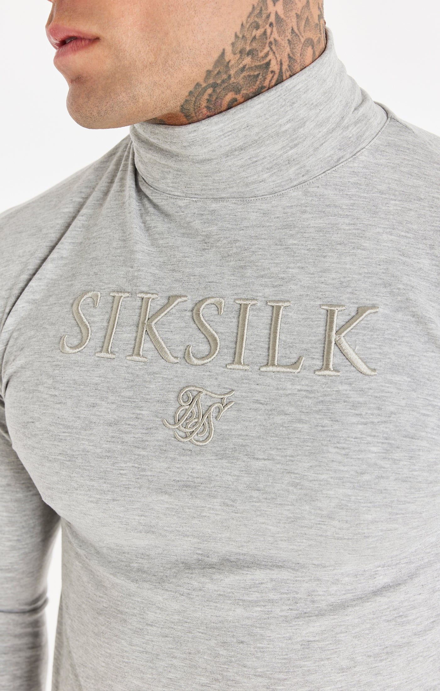 Grey Marl Long Sleeve Turtle Neck Muscle Fit T-Shirt - Image 2
