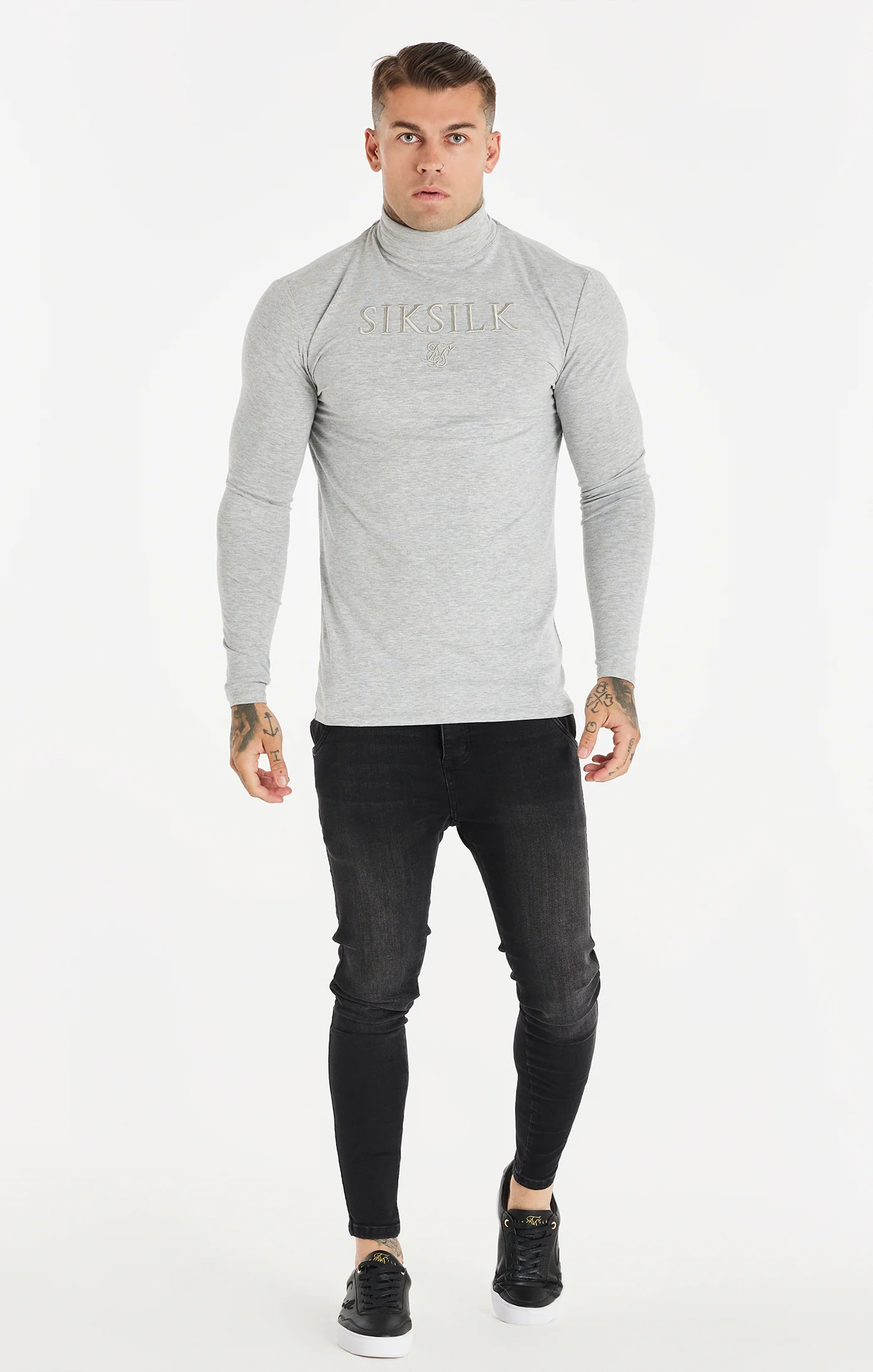 Grey Marl Long Sleeve Turtle Neck Muscle Fit T-Shirt - Image 3