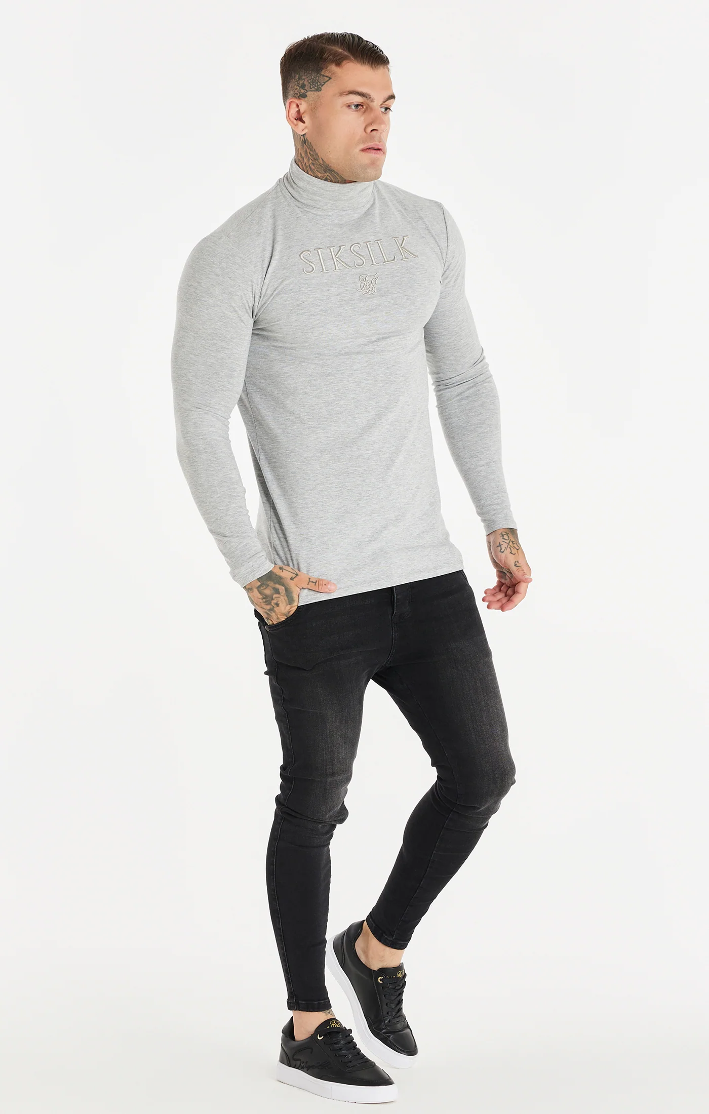 Grey Marl Long Sleeve Turtle Neck Muscle Fit T-Shirt - Image 4