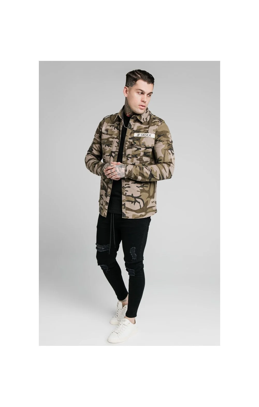 SikSilk L/S Utility Denim Shirt Jacket - Camo