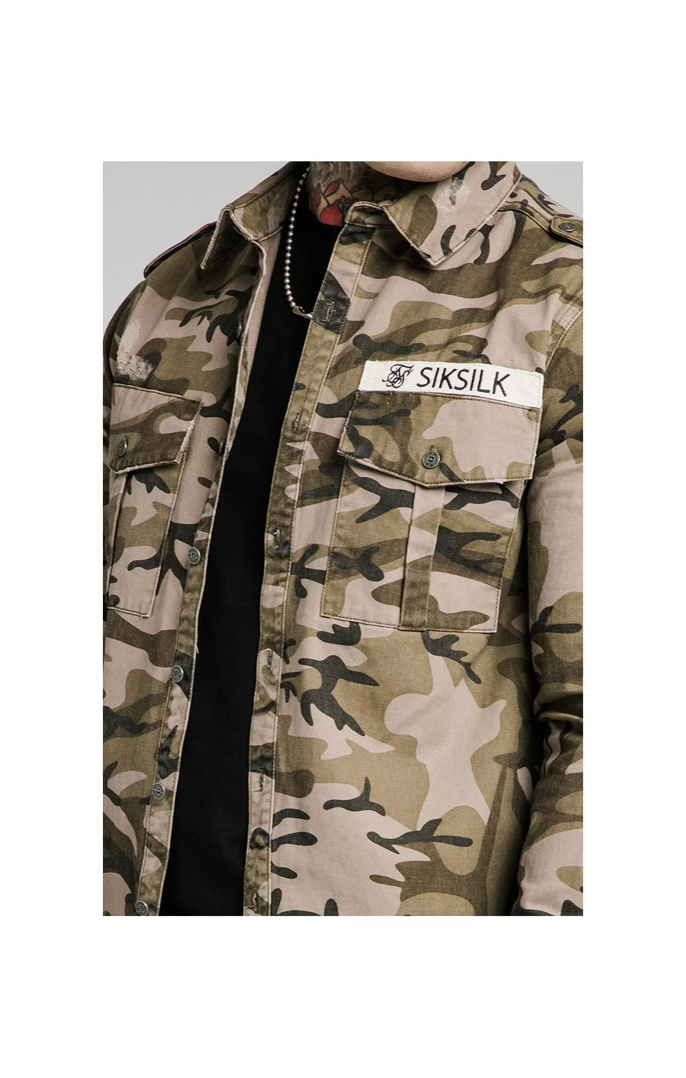 SikSilk L/S Utility Denim Shirt Jacket - Camo - Image 3