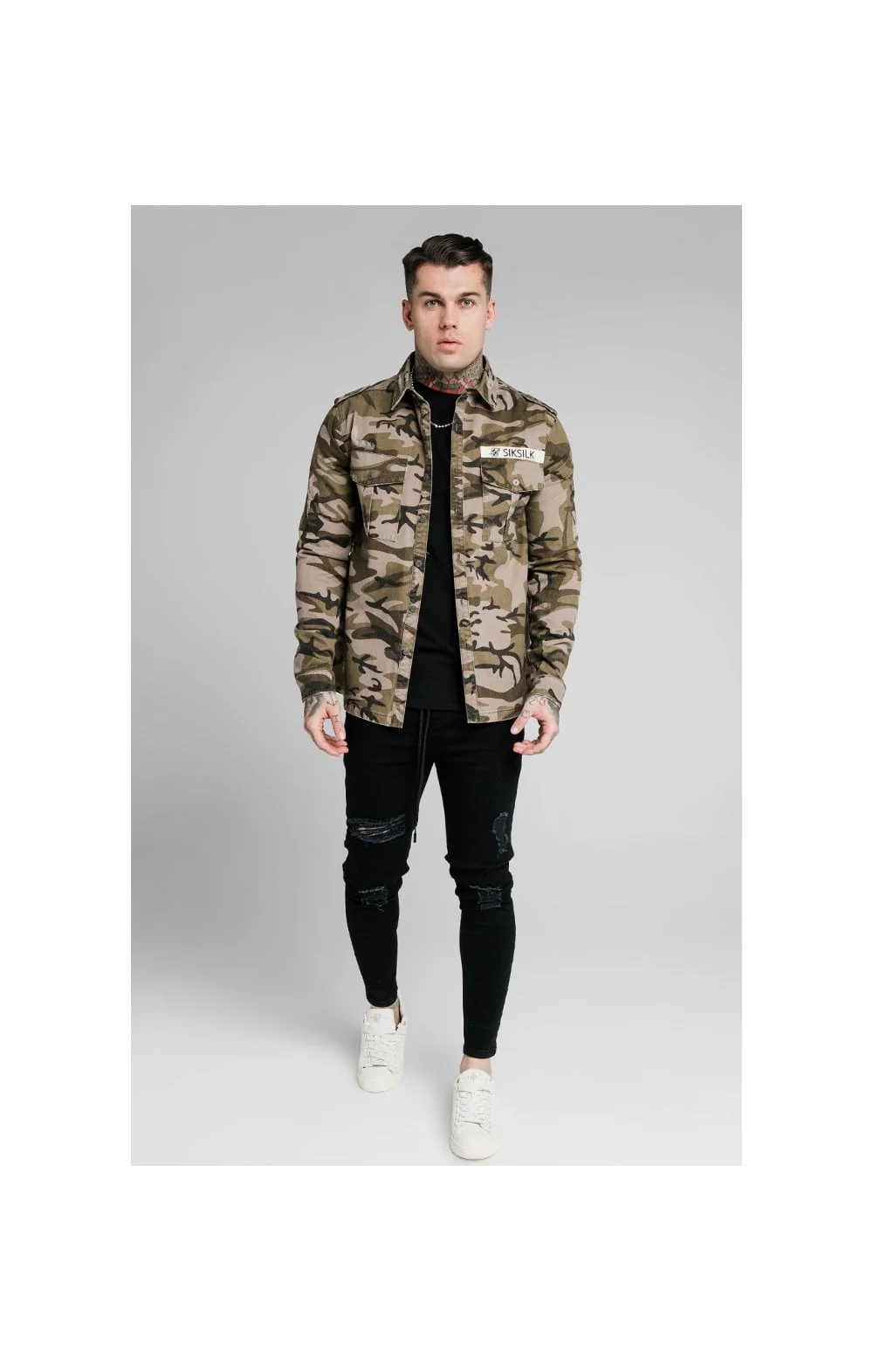 SikSilk L/S Utility Denim Shirt Jacket - Camo - Image 5