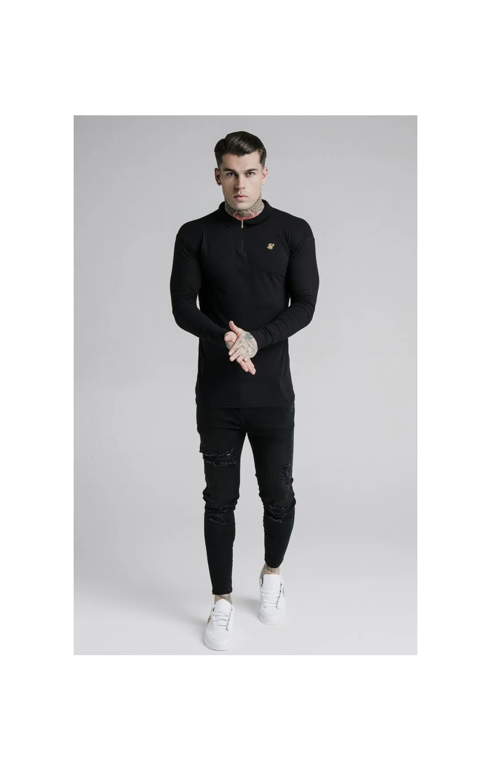 SikSilk L/S Zip Collar Polo Shirt - Black - Image 3
