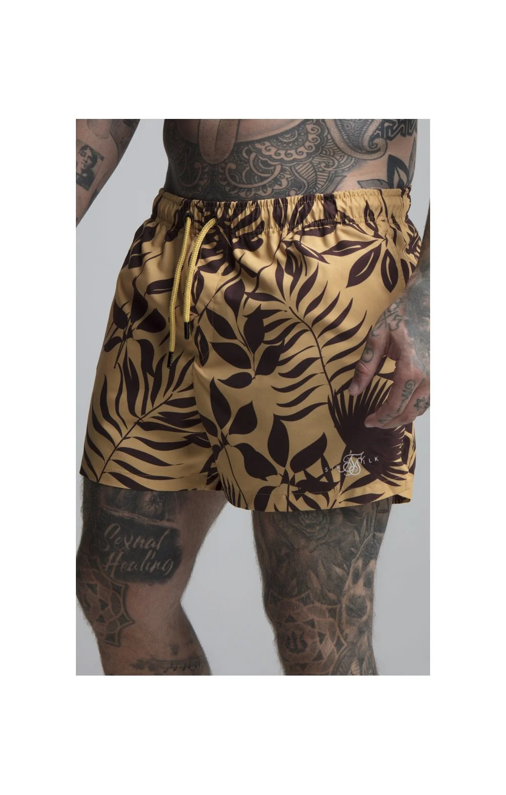 SikSilk Leaf Print Swim Shorts - Yellow & Brown