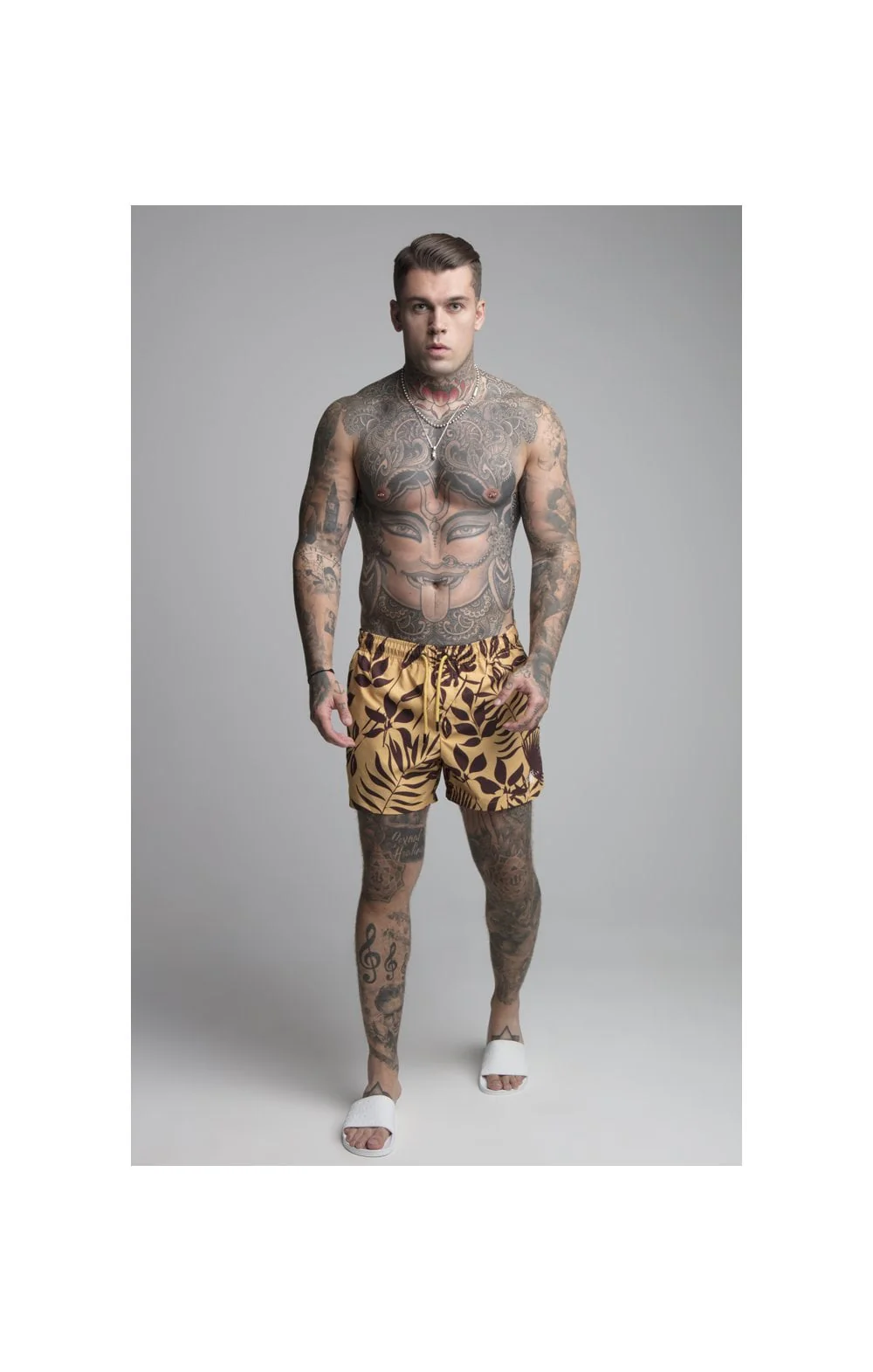SikSilk Leaf Print Swim Shorts - Yellow & Brown - Image 2