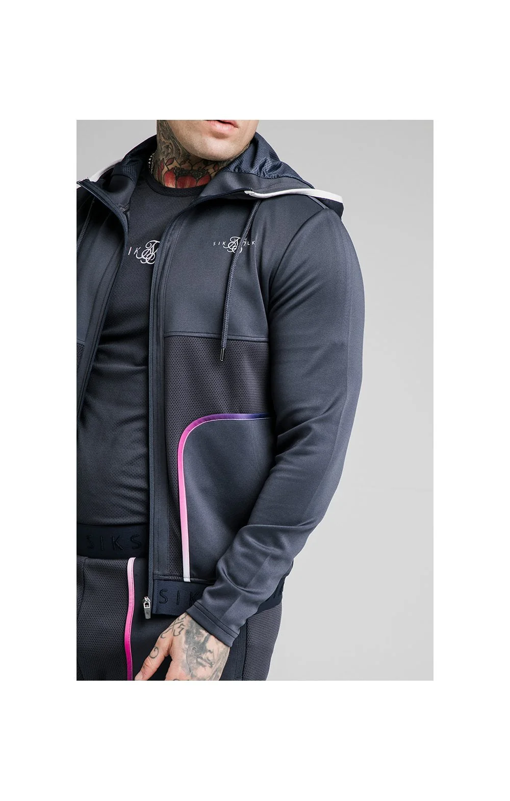 SikSilk Legacy Fade Zip Through Hoodie – Midnight Grey & Neon White - Image 2