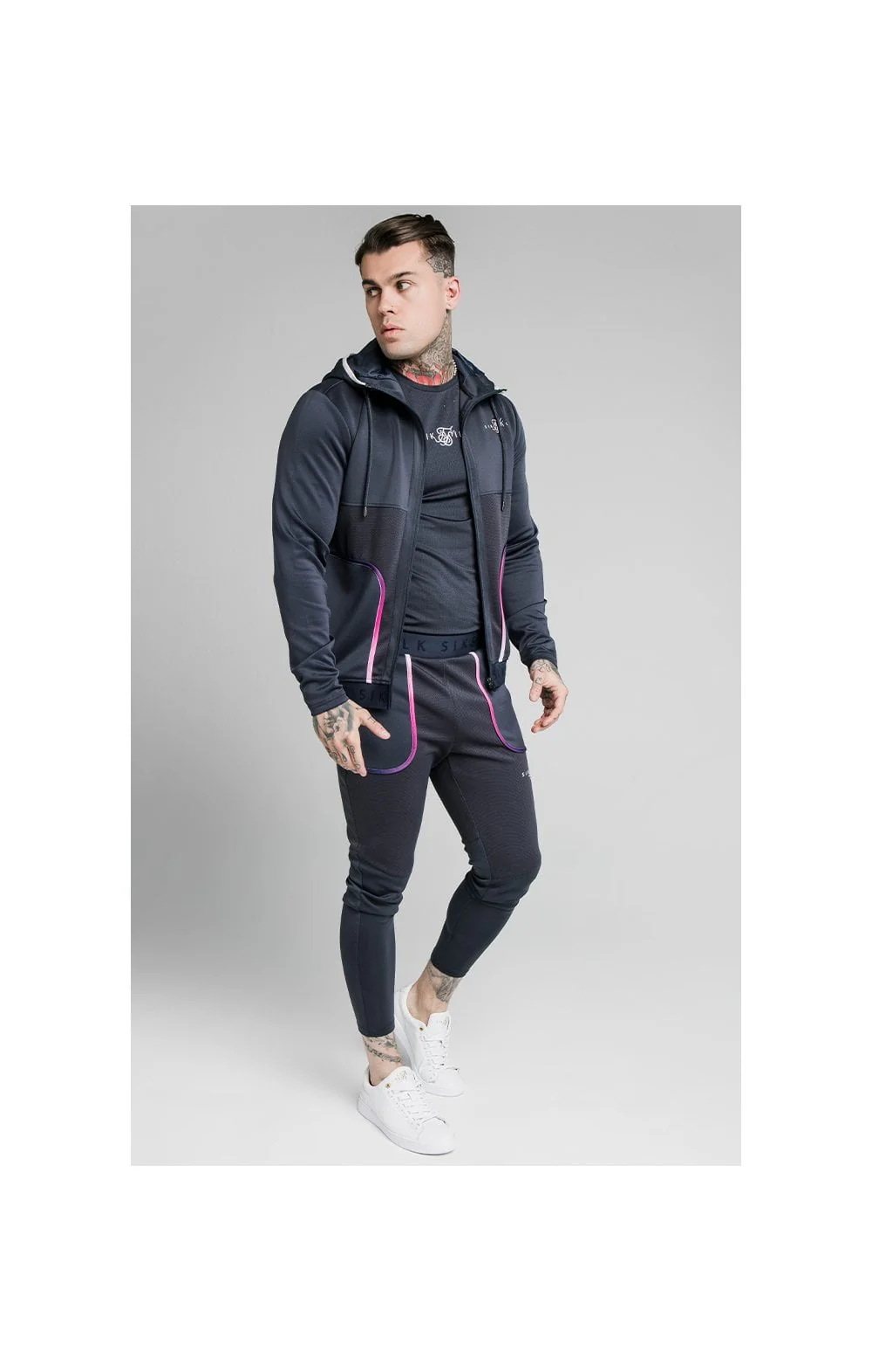 SikSilk Legacy Fade Zip Through Hoodie – Midnight Grey & Neon White - Image 3