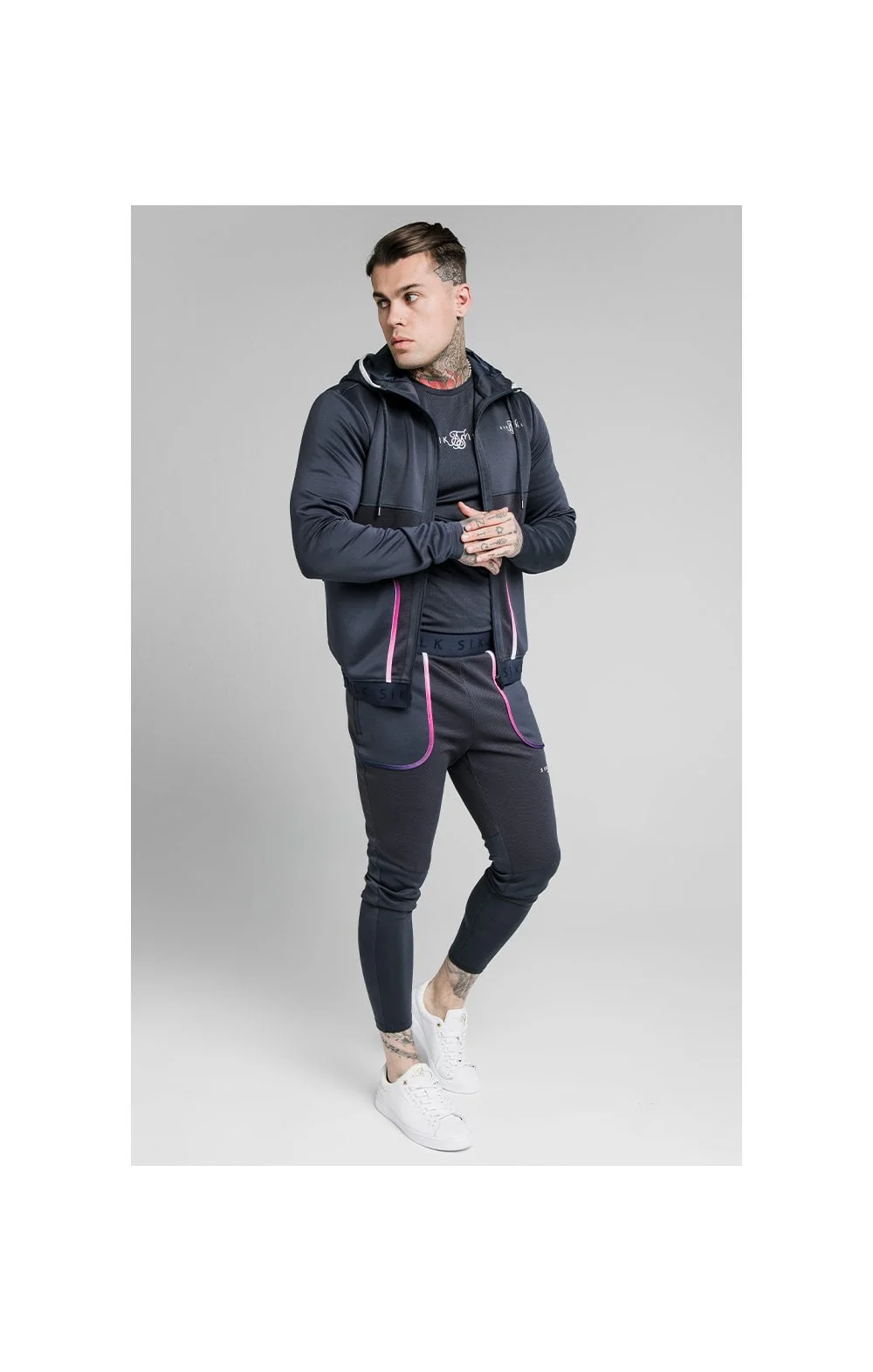 SikSilk Legacy Fade Zip Through Hoodie – Midnight Grey & Neon White - Image 4