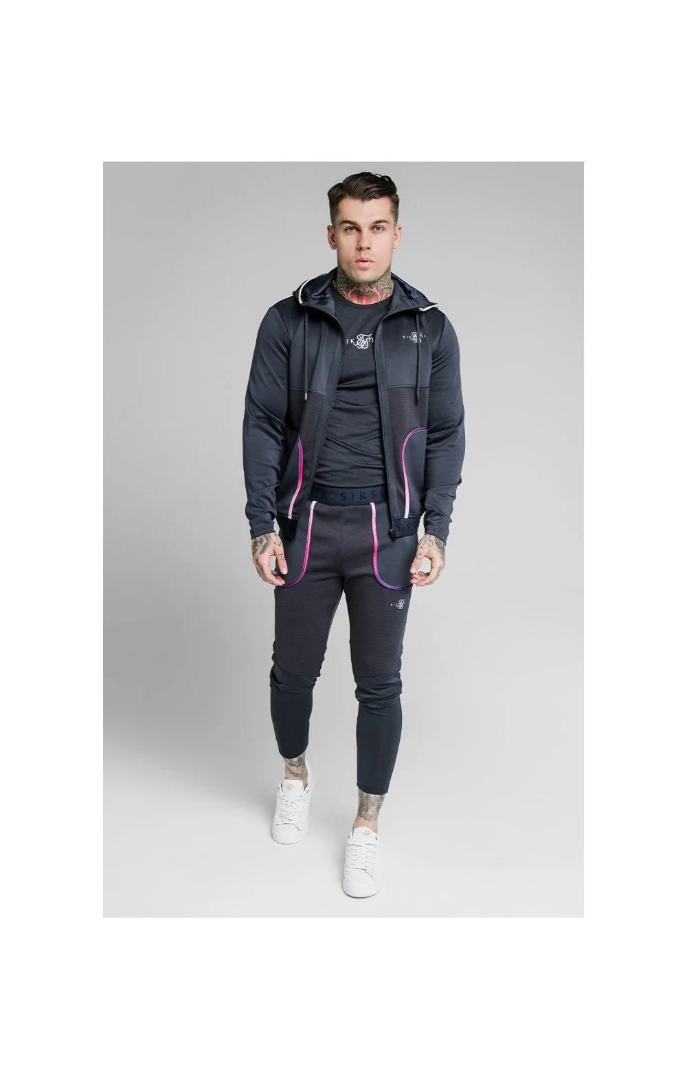 SikSilk Legacy Fade Zip Through Hoodie – Midnight Grey & Neon White - Image 5