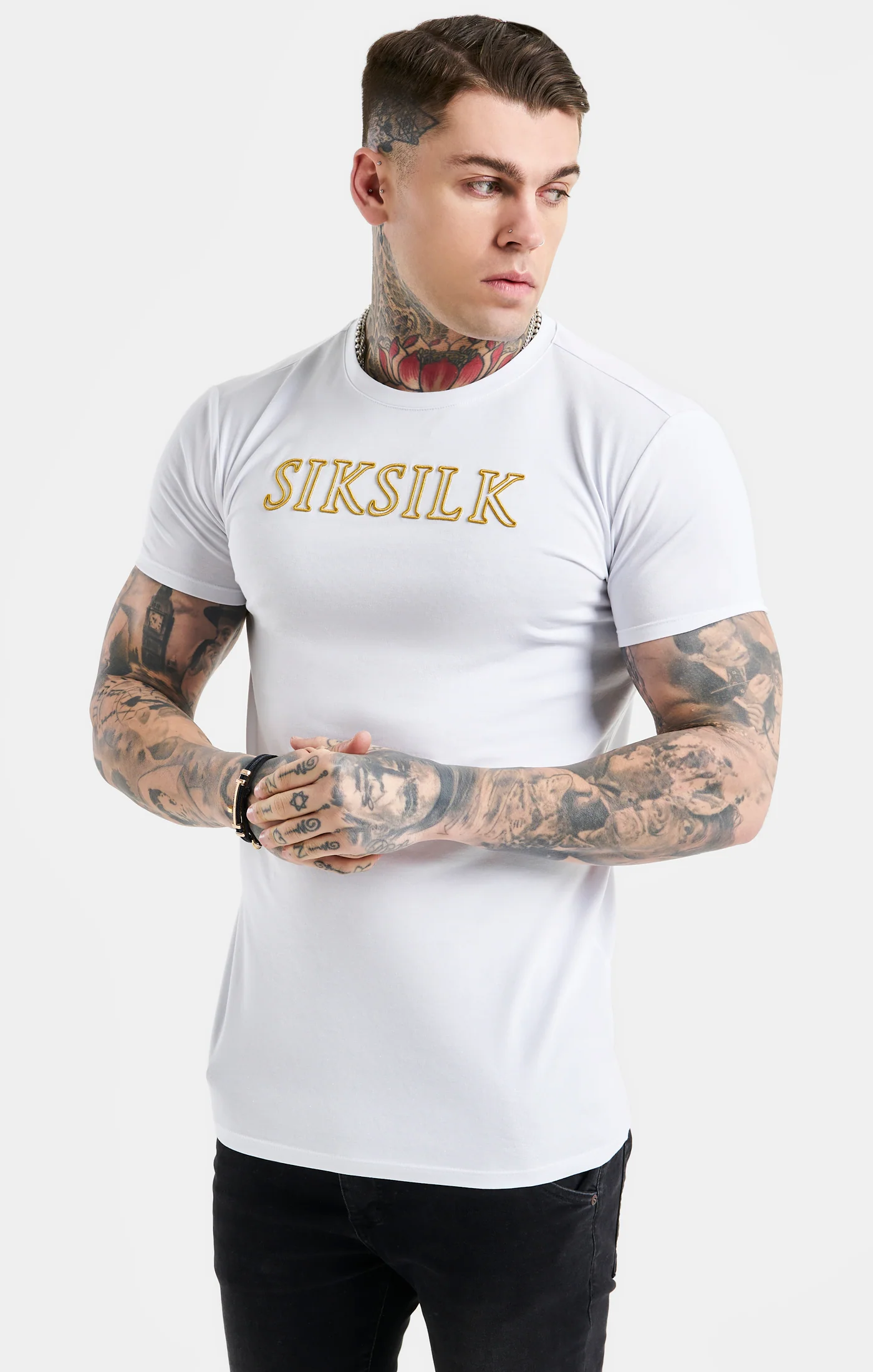White SikSilk Logo Muscle Fit T-Shirt