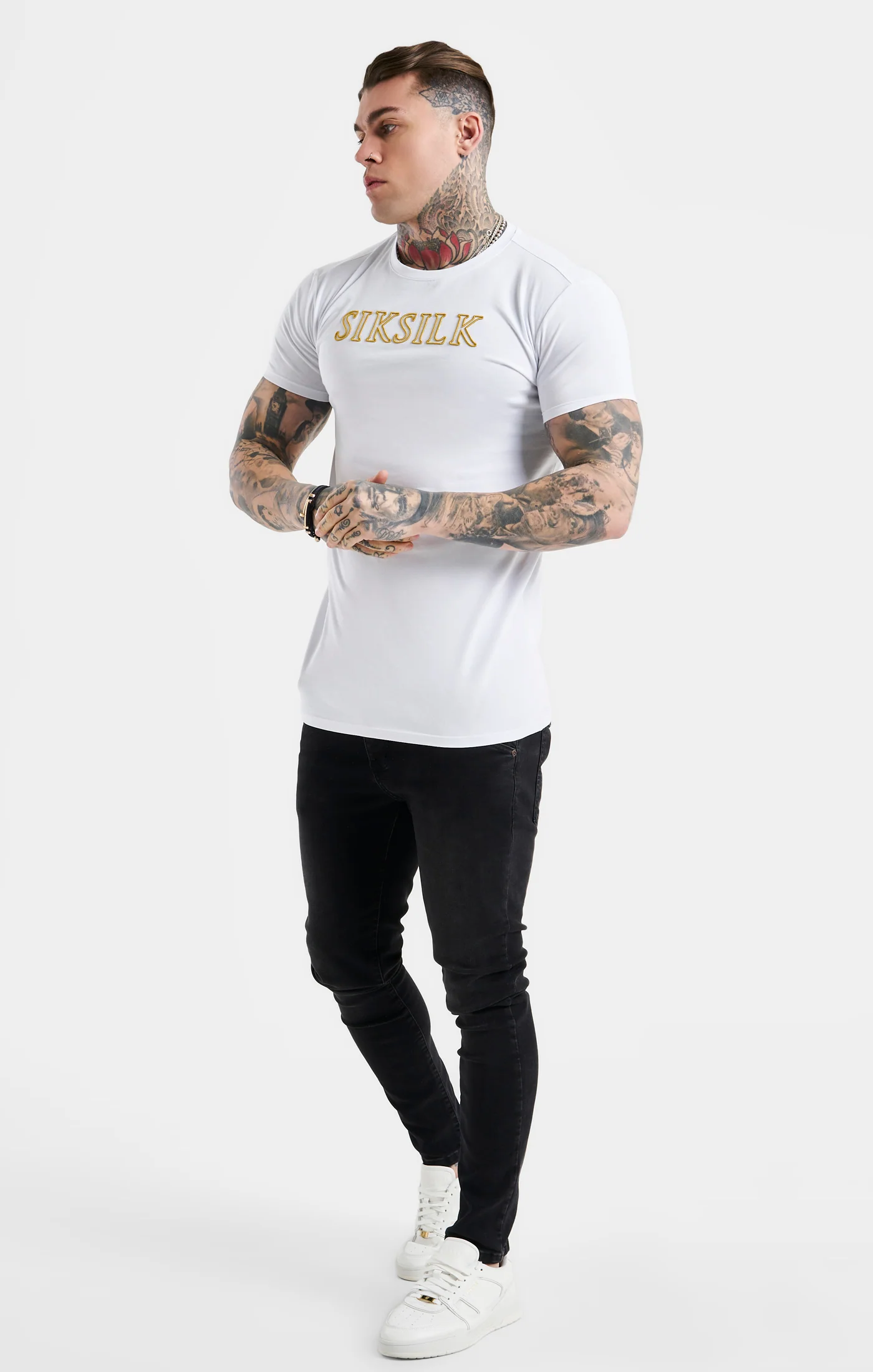 White SikSilk Logo Muscle Fit T-Shirt - Image 3
