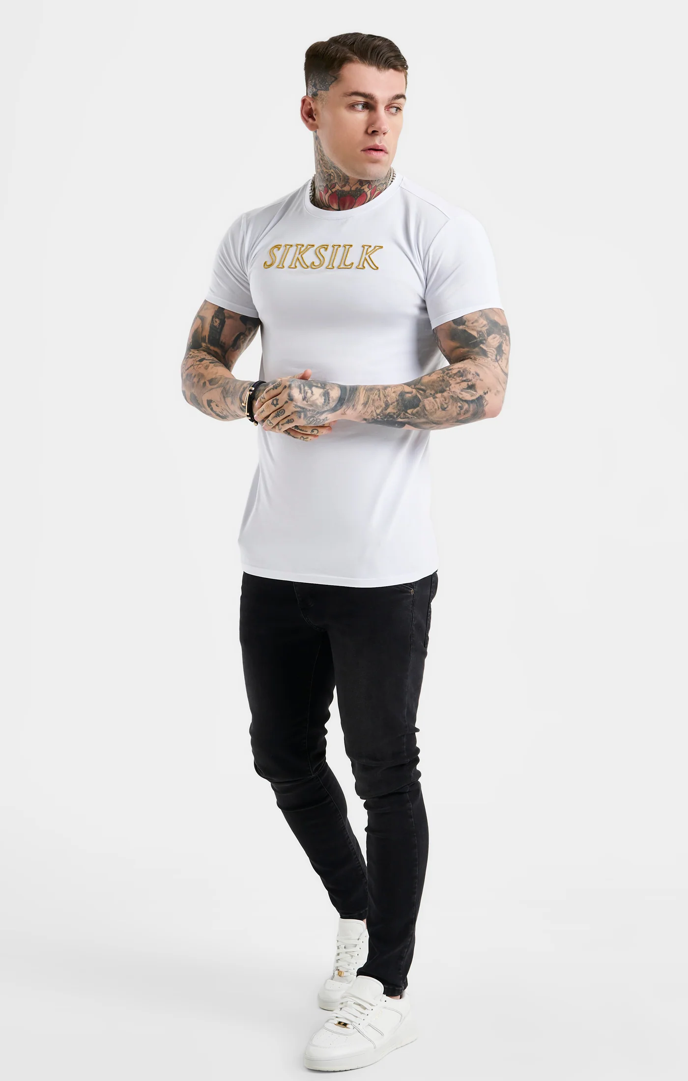 White SikSilk Logo Muscle Fit T-Shirt - Image 4