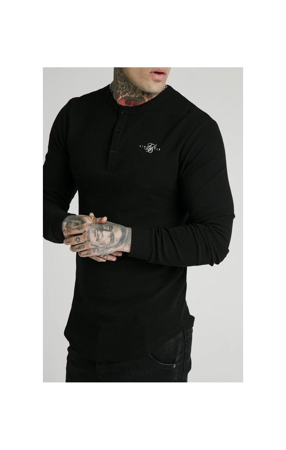 SikSilk Long Sleeve Button Down Tee – Black - Image 2