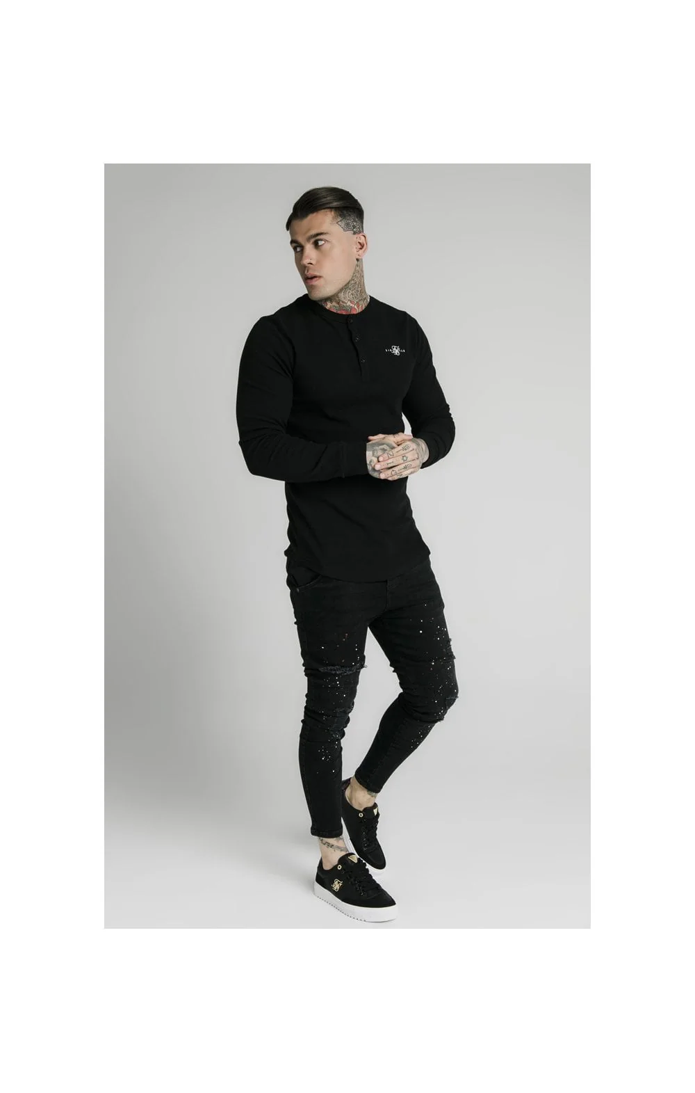 SikSilk Long Sleeve Button Down Tee – Black - Image 3