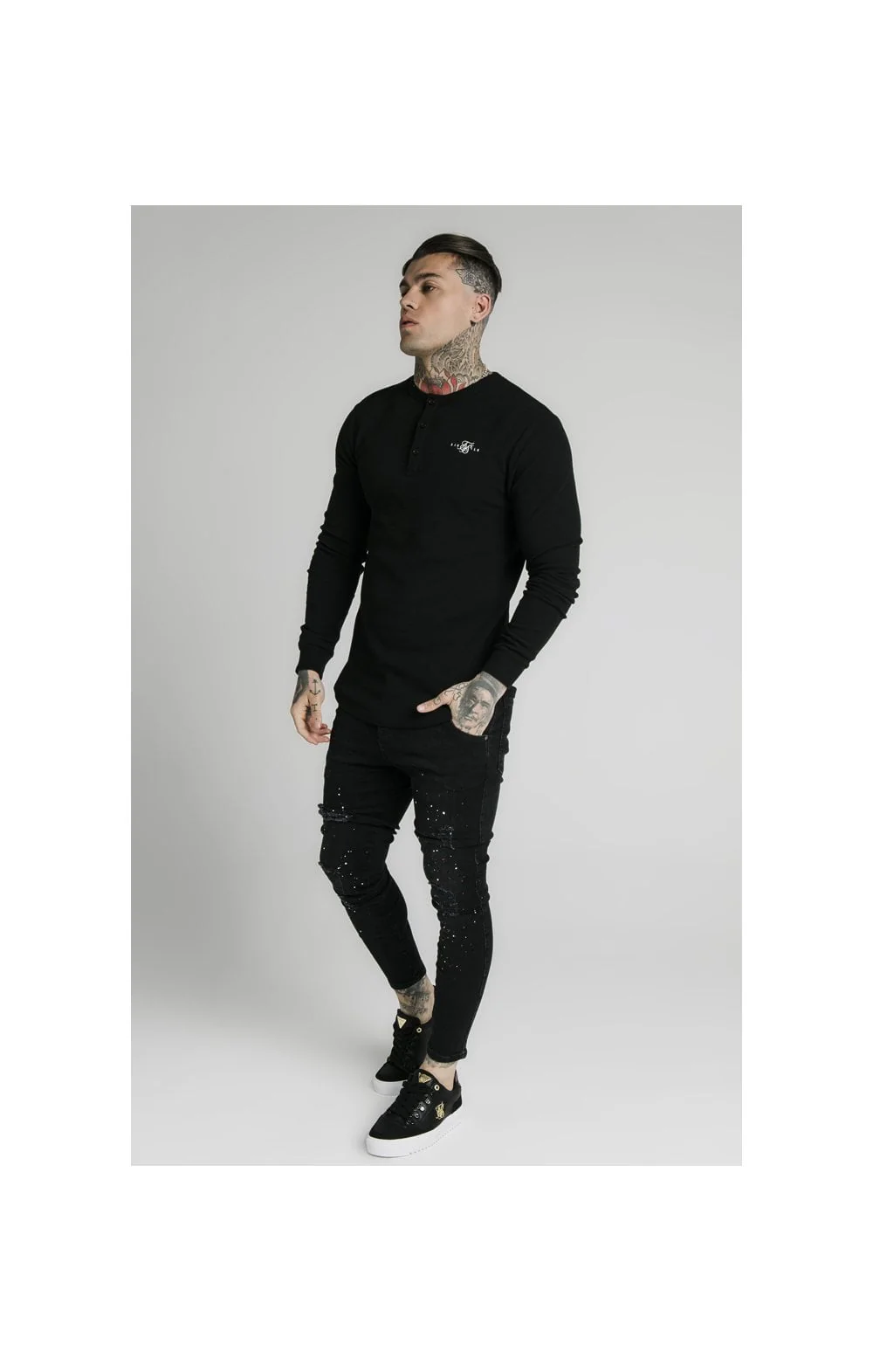 SikSilk Long Sleeve Button Down Tee – Black - Image 4