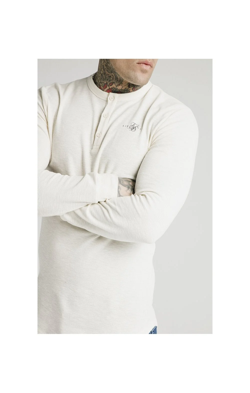SikSilk Long Sleeve Button Down Tee – Ecru - Image 2