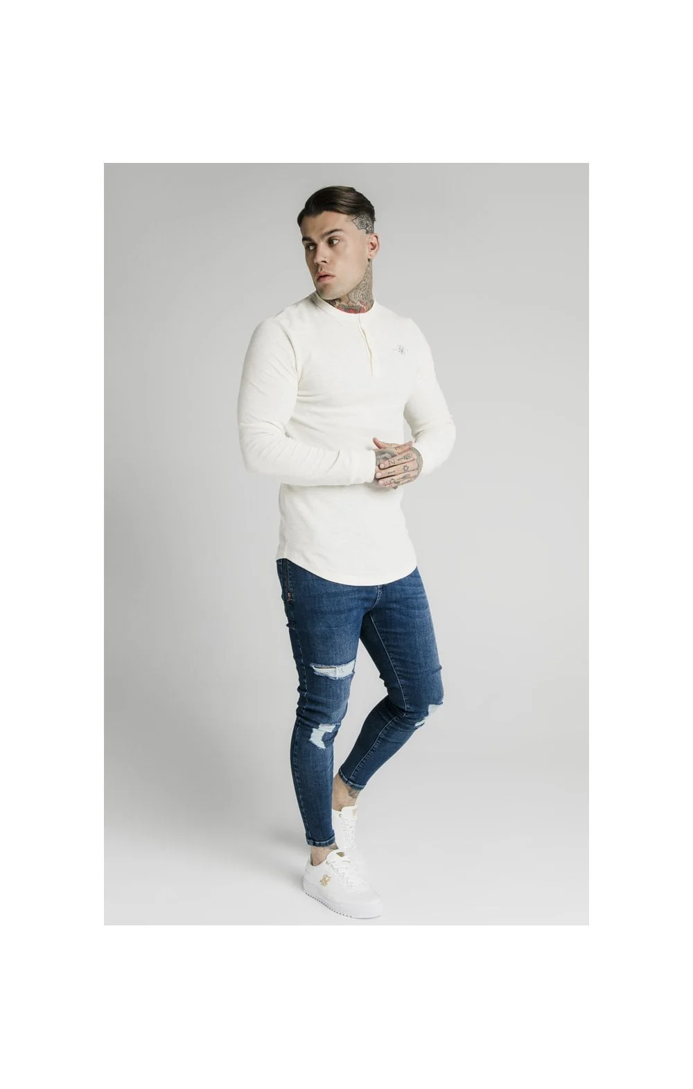 SikSilk Long Sleeve Button Down Tee – Ecru - Image 3