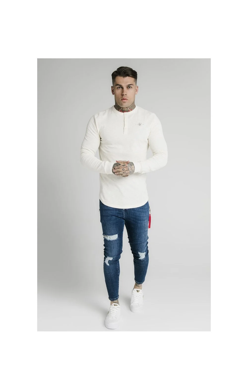 SikSilk Long Sleeve Button Down Tee – Ecru - Image 4