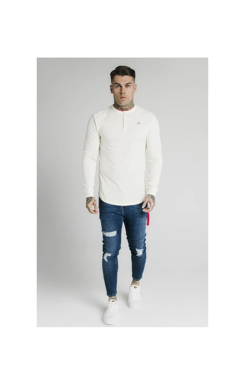 SikSilk Long Sleeve Button Down Tee – Ecru - Image 5