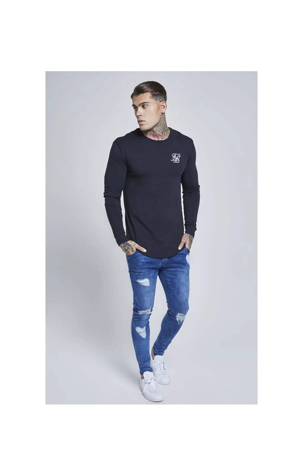 Navy Long Sleeve Muscle Fit T-Shirt - Image 3