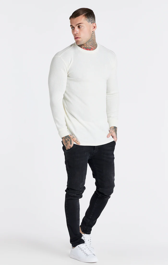 Ecru Long Sleeve Rib Muscle Fit T-Shirt - Image 3