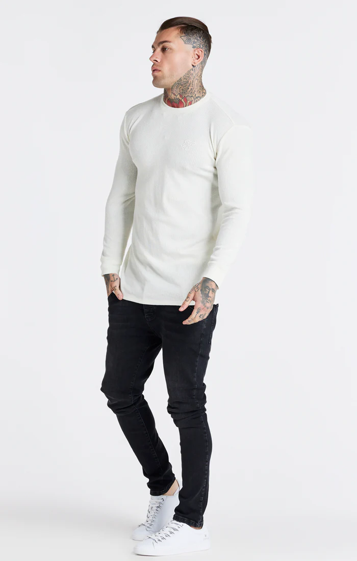 Ecru Long Sleeve Rib Muscle Fit T-Shirt - Image 4