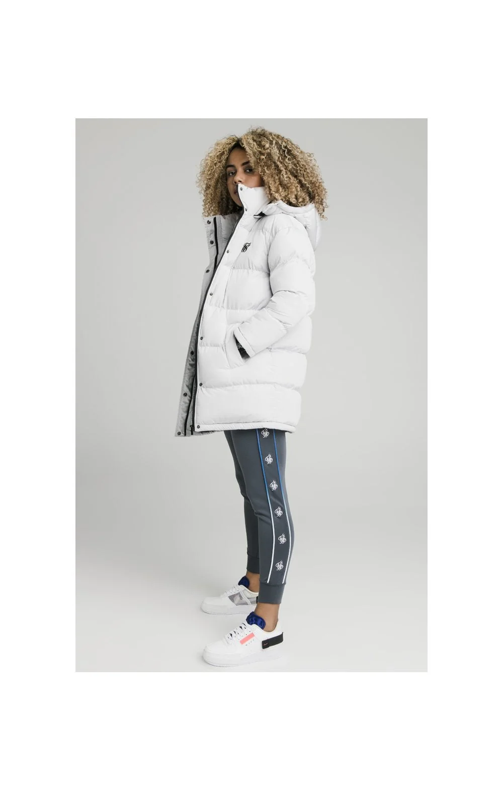 SikSilk Longline Padded Jacket - Light Grey - Image 5