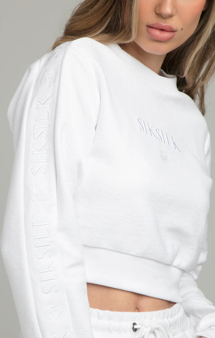 SikSilk Loopback Embroidered Crop Sweat - White - Image 2